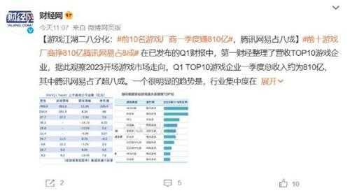 前10名游戏厂商一季度赚810亿 腾讯网易占八成